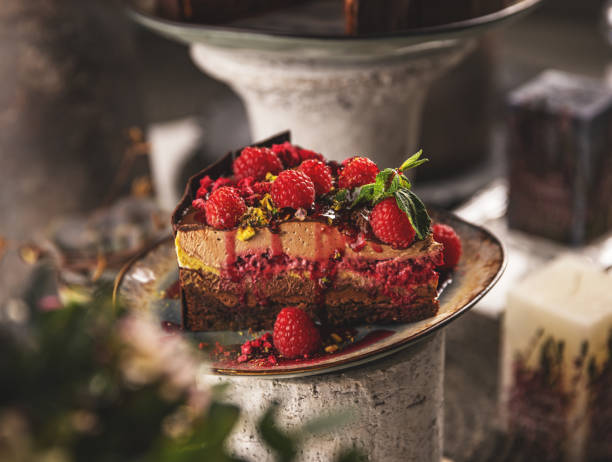 istock Slice of layered mousse chocolate cake 1400827499