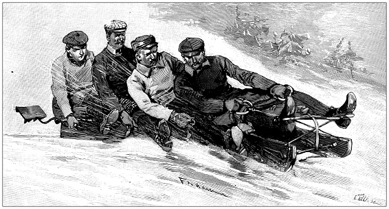 Antique illustration: Luge, sled, bobsleigh, toboggan race in Davos