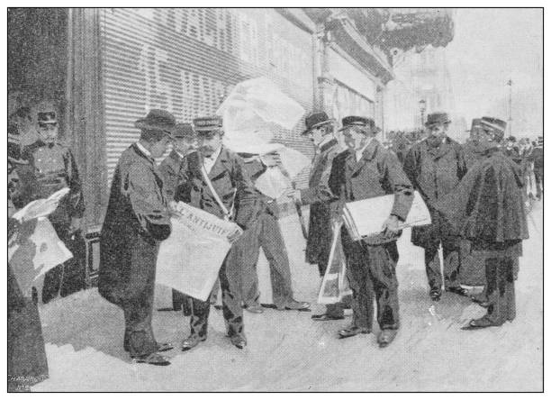 Antique photo: Selling newspapers in Marseille Antique photo: Selling newspapers in Marseille old newspaper stock illustrations