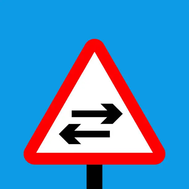 Vector illustration of Warning triangle Two-way traffic crosses one-way road