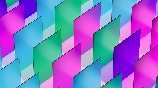 Rectangles glass transparent geometric shapes colorful abstract background, 3d render.