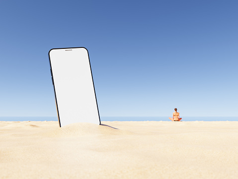3D rendering of back view of unrecognizable female tourist in swimwear relaxing on sandy beach at seaside near modern smartphone with blank screen under cloudless blue sky