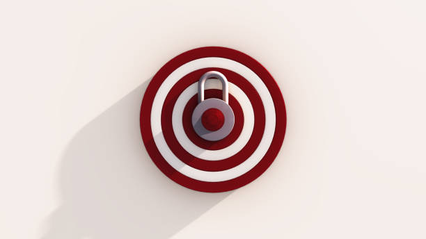 3D Illustration of a target with a combination padlock on it as bullseye, casting a long shadow isolated on white background with Clipping Path. Security defense, cyber defense, DDoS attack concept. stock photo