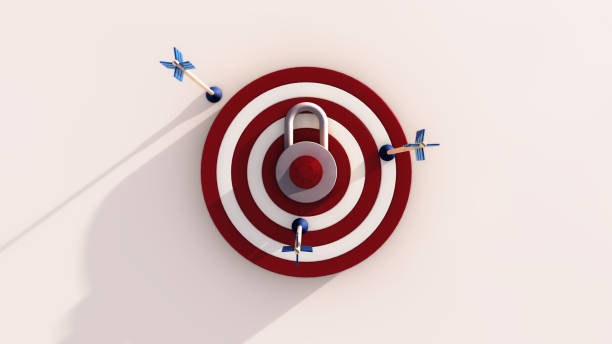 3D Illustration of a target with a combination padlock and arrows on it as bullseye, casting a long shadow isolated on white background with Clipping Path. Security defense, cyber defense, DDoS attack concept. stock photo