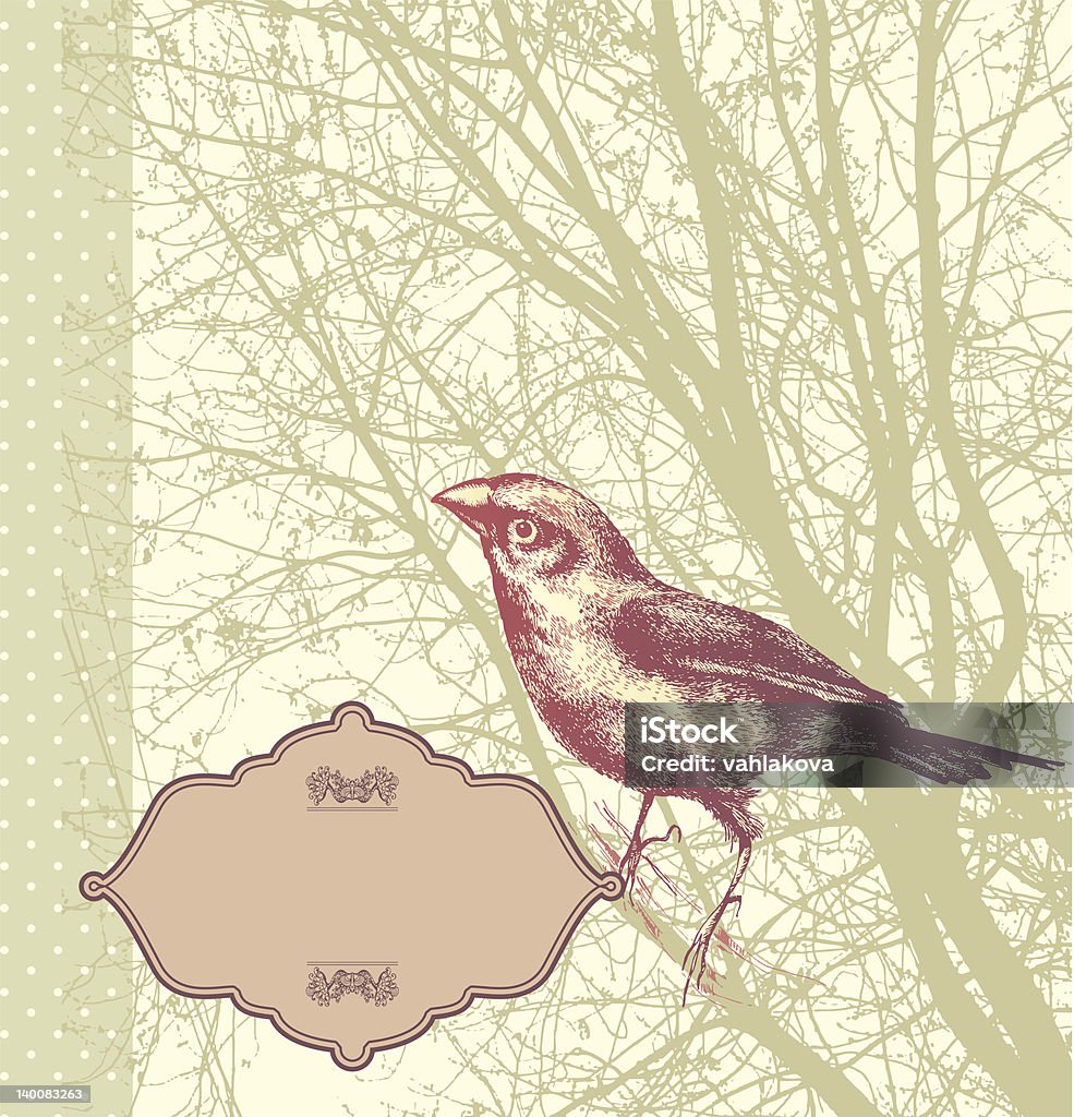 Fundo de pássaro vintage sentado em uma árvore, desenhados à mão. - Vetor de Abstrato royalty-free