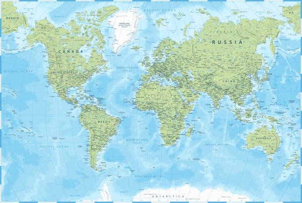 ilustrações de stock, clip art, desenhos animados e ícones de world map - green physical relief - vector detailed illustration - topography globe usa the americas