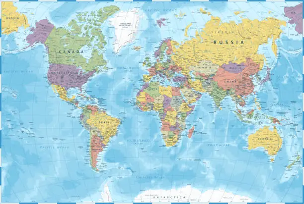 Vector illustration of World Map - Color Political - Vector Detailed Illustration