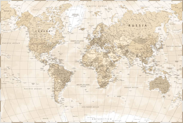 世界地図 - ベージュライトヴィンテージ政治 - ベクター詳細イラスト - 地球 光点のイラスト素材／クリップアート素材／マンガ素材／アイコン素材