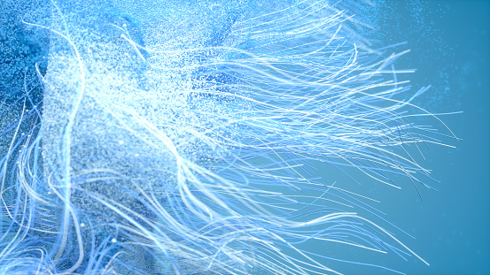 Abstract wavy wires and particles background, 3d render.