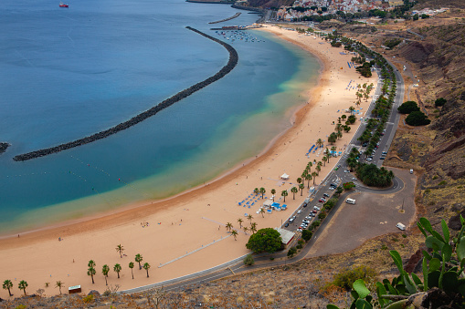 View on the beach on Tenerife.It is an artificial, white sand, tourist beach located north of the village of San Andrés, Santa Cruz de Tenerife,Spain