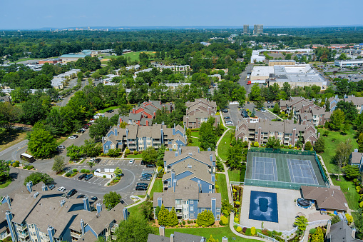 Panorama aerial top view landscape the residential apartment quarters at beautiful town in East Brunswick, New Jersey USA