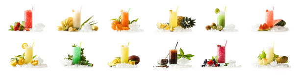 ice fruit drink collection with white isolated background - cocktail orange cup juice imagens e fotografias de stock