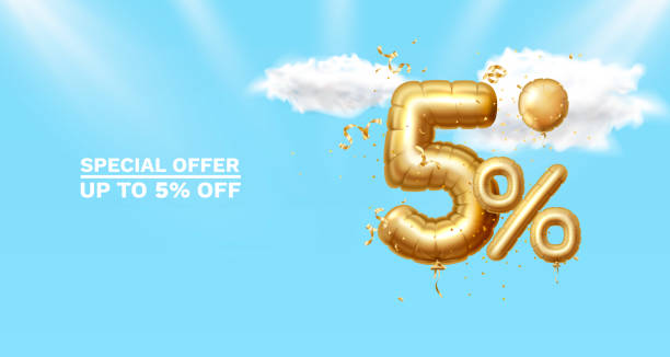 istock 5 Off. Discount creative composition. 3d Golden sale symbol with decorative objects, golden confetti. Sale banner and poster. Vector 1400845884
