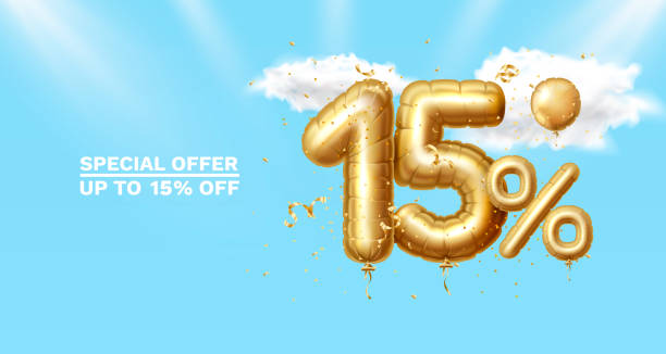 istock 15 Off. Discount creative composition. 3d Golden sale symbol with decorative objects, golden confetti. Sale banner and poster. Vector 1400845890