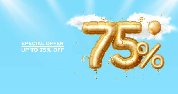 istock 75 Off. Discount creative composition. 3d Golden sale symbol with decorative objects, golden confetti. Sale banner and poster. Vector 1400845896
