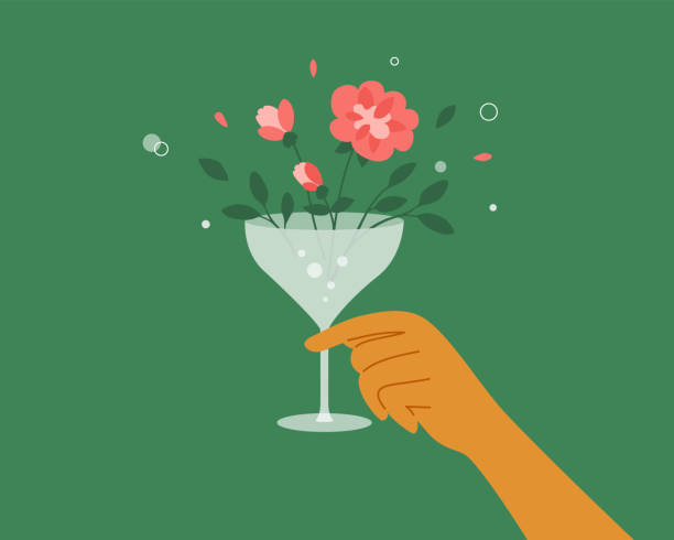 illustrazioni stock, clip art, cartoni animati e icone di tendenza di illustrazione vettoriale primaverile o estiva con donna che tiene a mano martini o bicchiere di vino con fiori e foglie rosa fiore - wine glass champagne cocktail