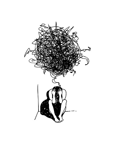 Girl sits in the corner with her head in her hands, above her a tangle of heavy thoughts