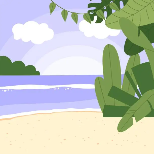 Vector illustration of Flat vector illustration of a tropical landscap. Summer vacation banner on a tropical island or seaside resort.