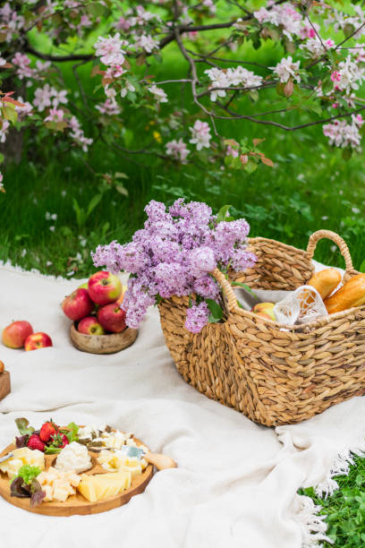 istock Breakfast picnic with at spring blossom garden on a white tablecloth on a sunny day, cherry blossoms. Outdoor, picnic, brunch, spring mood 1400848747