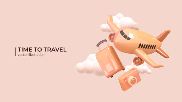 Realistic 3d design airplane, luggage and photo camera in a cloudy sky. vector art illustration