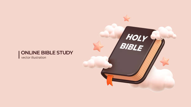 ilustraciones, imágenes clip art, dibujos animados e iconos de stock de concepto de estudio bíblico en línea. ilustración vectorial. - biblia