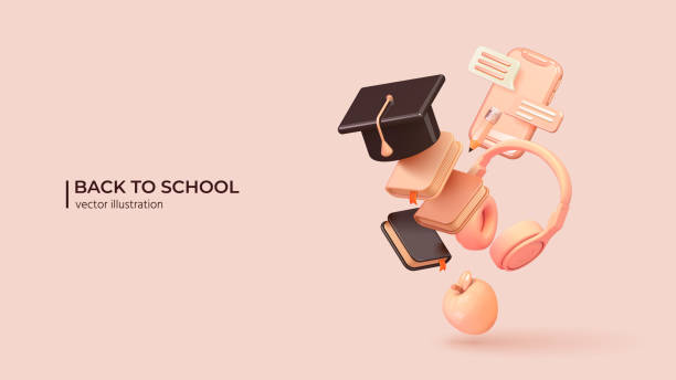 Chalk board, academic cap, books and backpack. Vector illustration Back to school. Realistic 3d design of school supplies in cartoon minimal style. Academic cap, books, headphones and smartphone. Vector illustration satchel bag stock illustrations