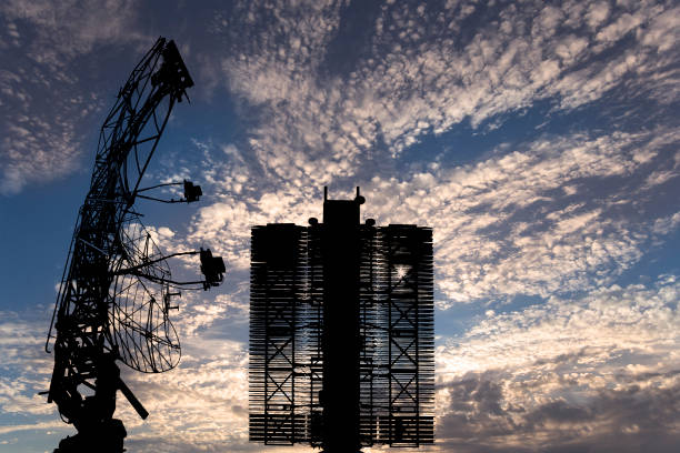 air defense radars of military mobile anti aircraft systems (radar is designed  and automatic tracking of targets and missiles) , modern army industry on background clouds and sky,russia - 55% imagens e fotografias de stock