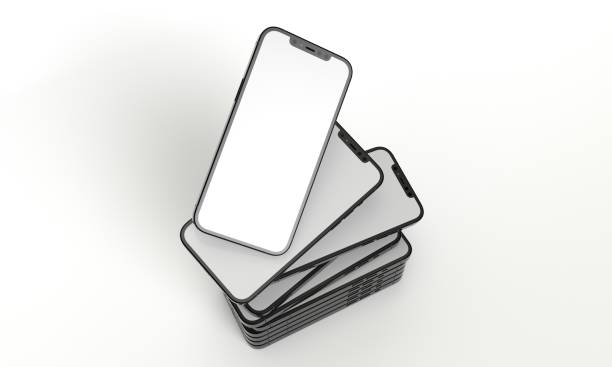 llustration 3d render of isometric rectangles simulating a telephone in a 3d space with blank spaces. From different perspectives and views to help rock up for applications.