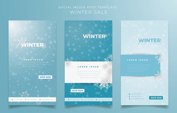istock Set of social media post template with snowfall background for winter day sale design 1400854914