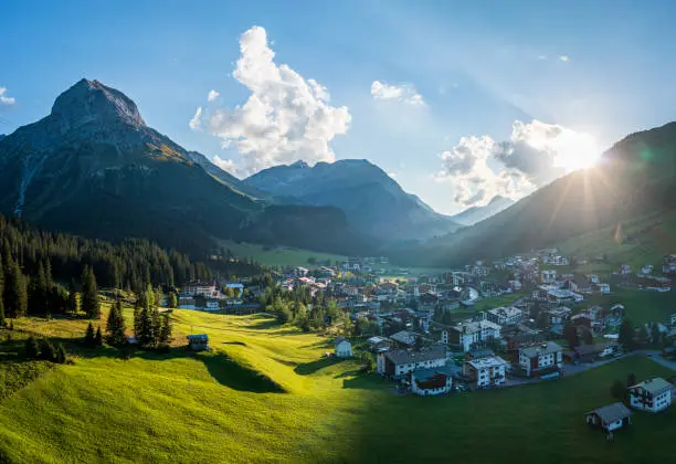 Aerial view of the mountain village Lech during summer