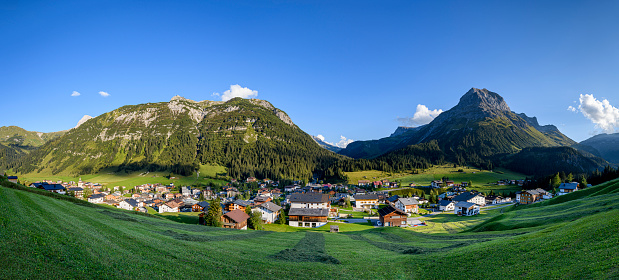 Aerial view of the mountain village Lech in the Alps during summer
