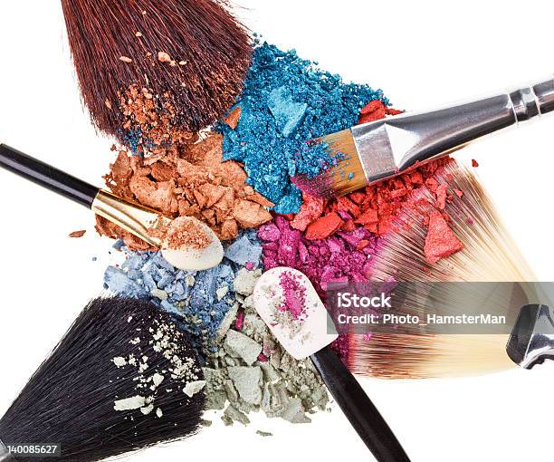 Composition With Makeup Brushes And Broken Multicolor Eye Shadow Stock Photo - Download Image Now