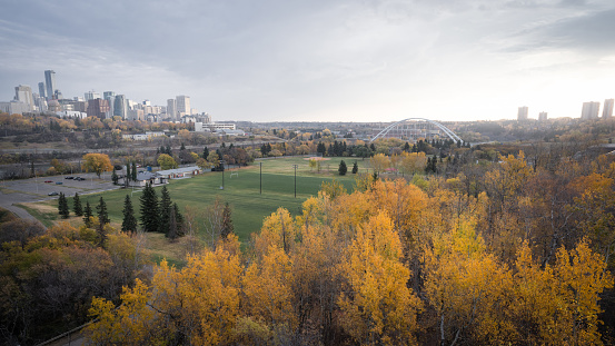 View on the downtown city center with autumn colors during sunrise. Edmonton, Canada