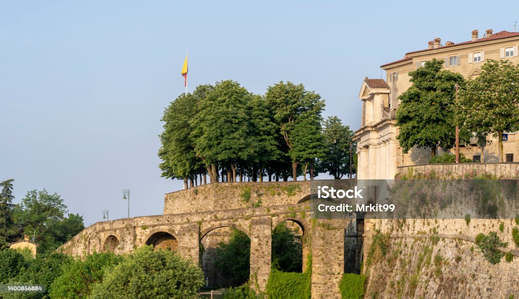 Bergamo, Italy. The old town. Landscape at the ancient gate Porta San Giacomo and the Venetian walls, an Unesco World Heritage. Bergamo touristic destination and best of Italy Ancient Stock Photo