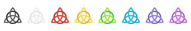 Colorful celtic triquetra knot set. Celtic trinity knot. Intertwined triangular figure. Wiccan divination and protection symbol Colorful celtic triquetra knot set. Celtic trinity knot. Intertwined triangular figure. Wiccan divination and protection symbol. Ancient occult sign. Logo template. Vector illustration celtic shamrock tattoos stock illustrations