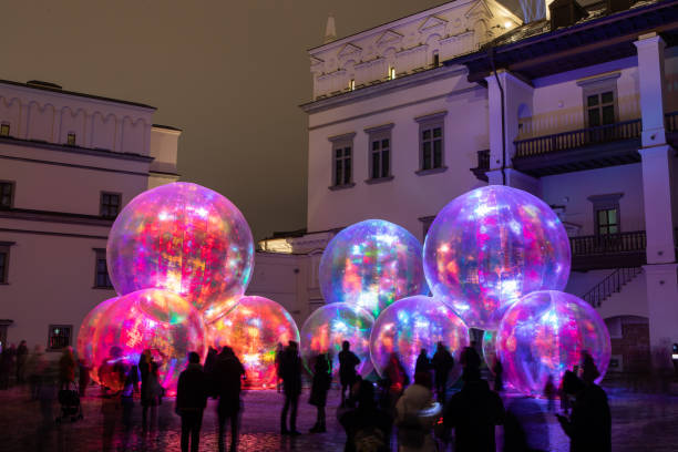 Light installation at the Palace of Grand Dukes of Lithuania during Vilnius Light Festival stock photo