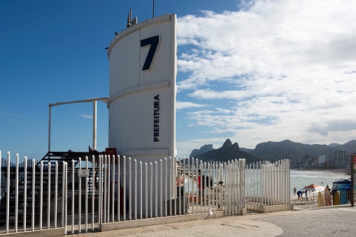 Rescue post nº7 at Ipanema Beach. Two Brothers Hill in the background. Rio de Janeiro, Brazil. May 25, 2022.
