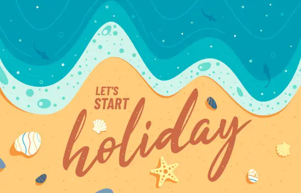 Vector illustration of Top view illustration of sea and beach with typography. Vector summer vacation illustration.