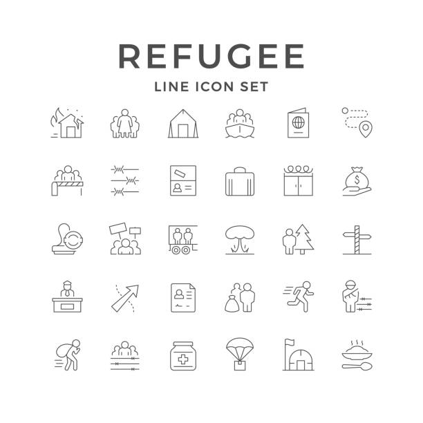 Set line icons of refugee Set line icons of refugee isolated on white. State border, seal, people group, barbed wire, family, war crisis, officer, camp, tent, passport, ruined house. Vector illustration support borders stock illustrations