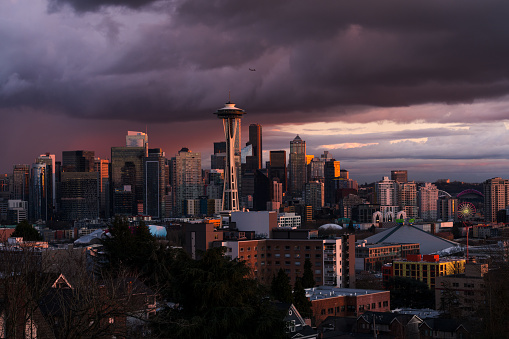 Beautiful stormy sunset over Seattle as a storm moves through the city.
