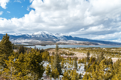 View of Lake Dillon in Summit County, Colorado with surrounding mountains