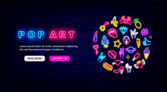 Pop art neon landing page template. Circle layout with vintage icons. Retro style. Hot dog, female lips and hand poses. Shiny effect banner. Editable stroke. Vector stock illustration