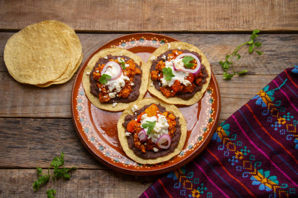 istock picadillo corn tostadas with cheese and beans. Mexican food 1400865249