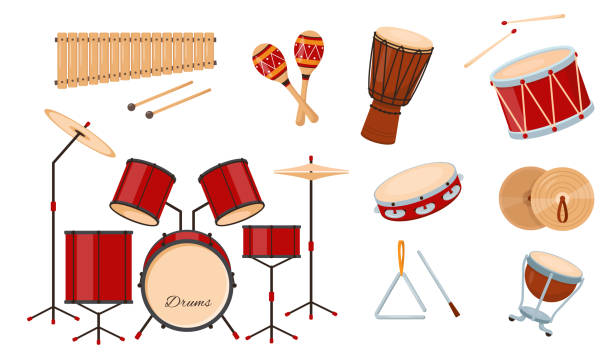 ilustrações de stock, clip art, desenhos animados e ícones de big set of prcussion musical instruments icons isolated - cymbal