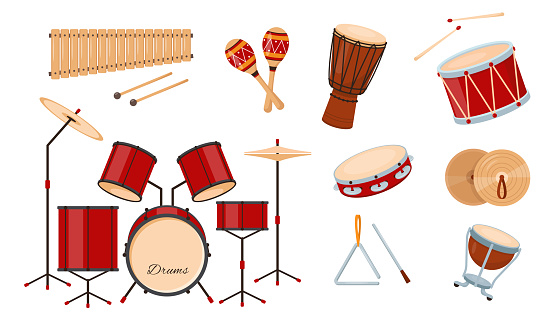Big set of prcussion musical instruments icons isolated on white background. Drums, cymbals, maracas, tambourine, triangle and xylophone. Vector illustration in flat or cartoon style.