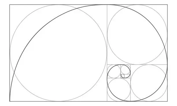Vector illustration of Golden ratio sign. Logarithmic spiral in rectangle with squares and circles. Leonardo Fibonacci Sequence. Ideal symmetry proportions template