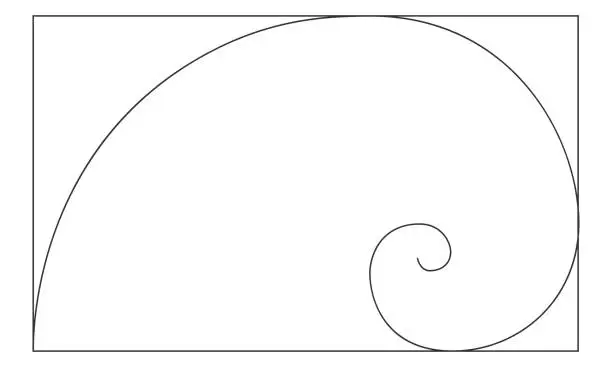 Vector illustration of Golden ratio logarithmic spiral in rectangle frame. Harmony nature ideal proportions template. Nautilus shell shape. Leonardo Fibonacci sequence sign. Symmetry symbol