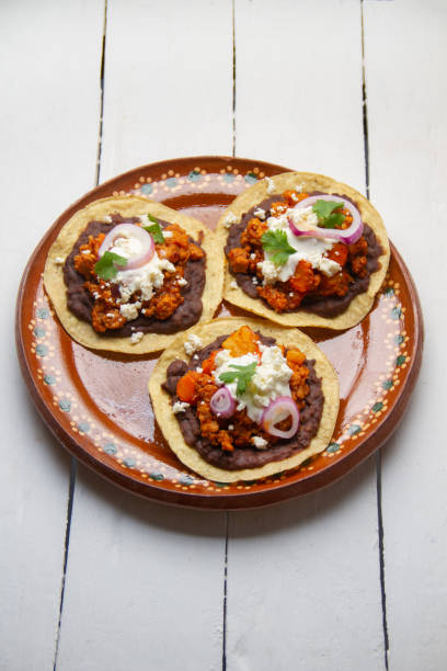 istock picadillo corn tostadas with cheese and beans. Mexican food 1400866490