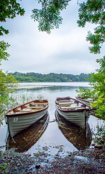 Two boats floating on the peaceful lake stock photo