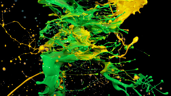 yellow-green liquid splashes, swirl and waves with scatter drops. Paint, oil or ink splashing dynamic motion, design elements for advertising isolated on black background